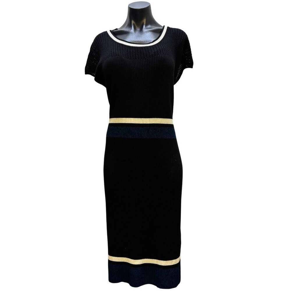 NWT St John Black Multi Dress XL With White & Blue Accents